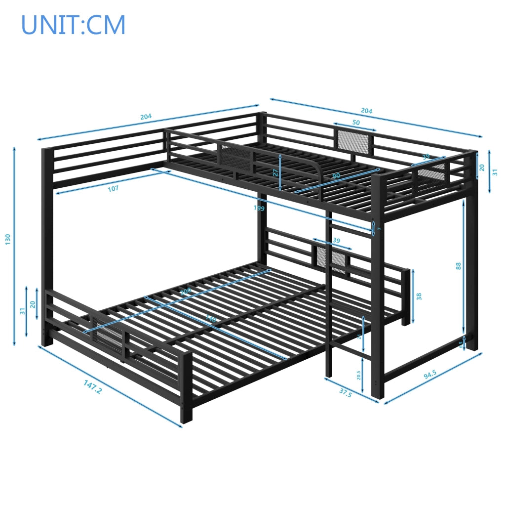 Letto a castello a L in metallo 90x200/140x200; nero