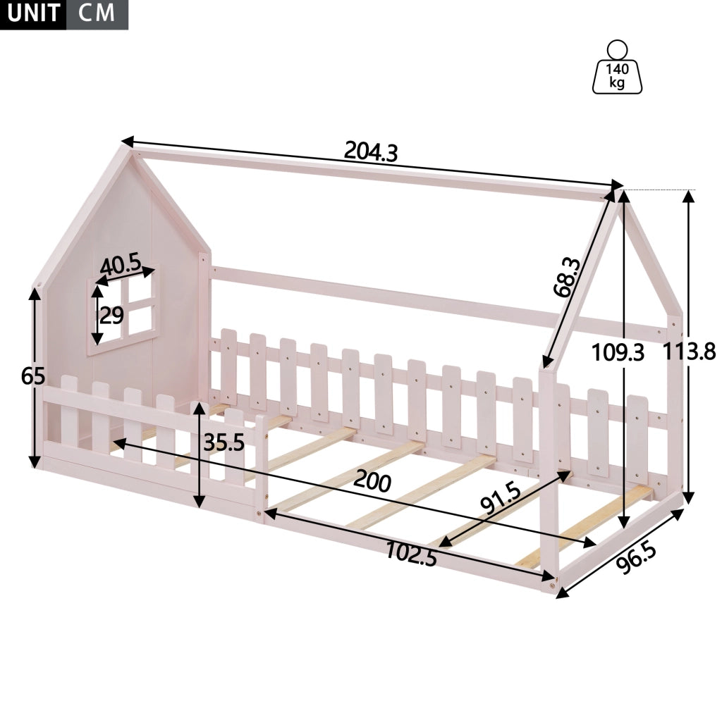 Letto per bambini 90x200cm in pino e MDF, design a casetta rosa