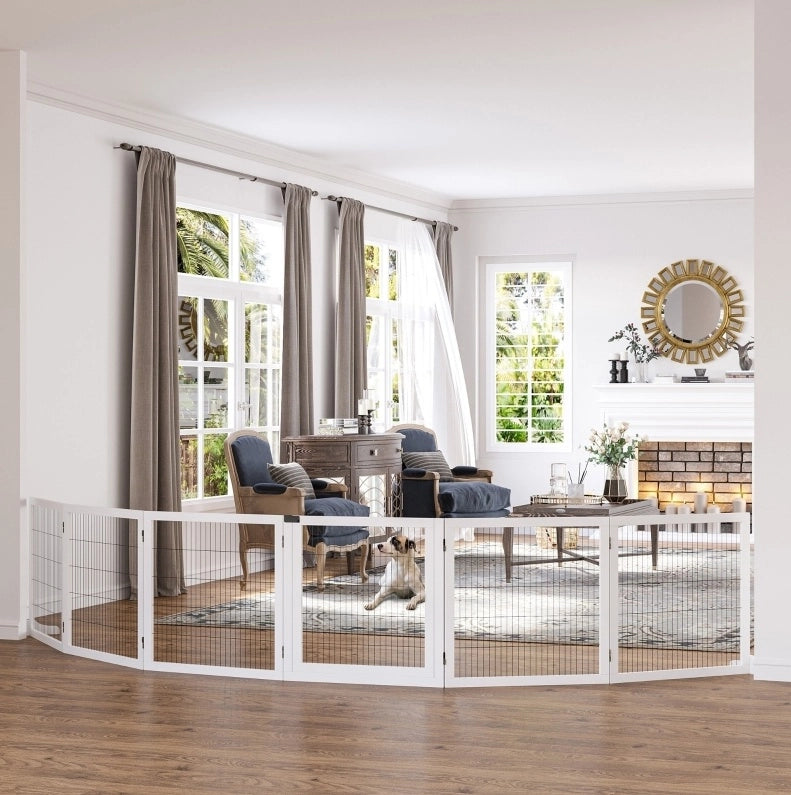 Cancelletto pieghevole per cani in legno bianco 432 x 70 cm