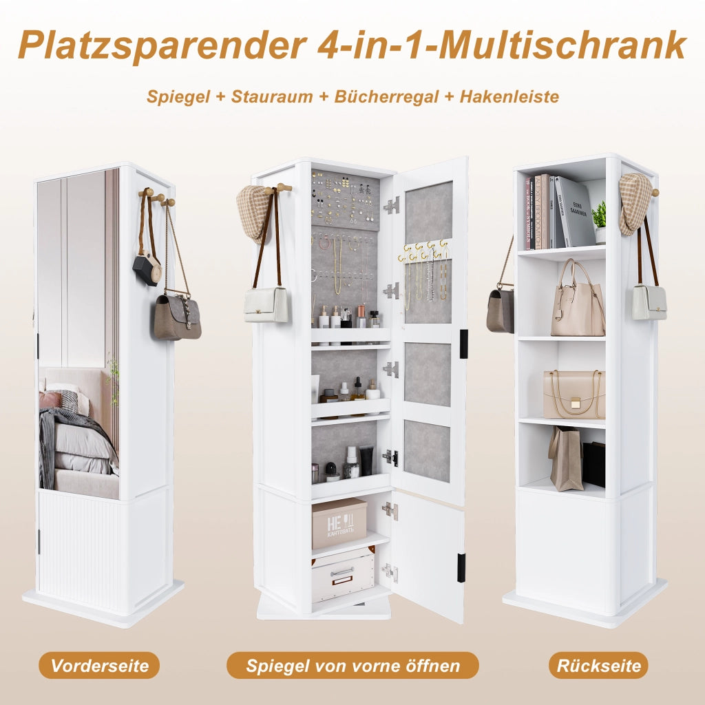 Armadietto a specchio girevole 360° 4 in 1 con organizer per gioielli, ripiani aperti e ganci, bianco 50 × 50 × 170 cm