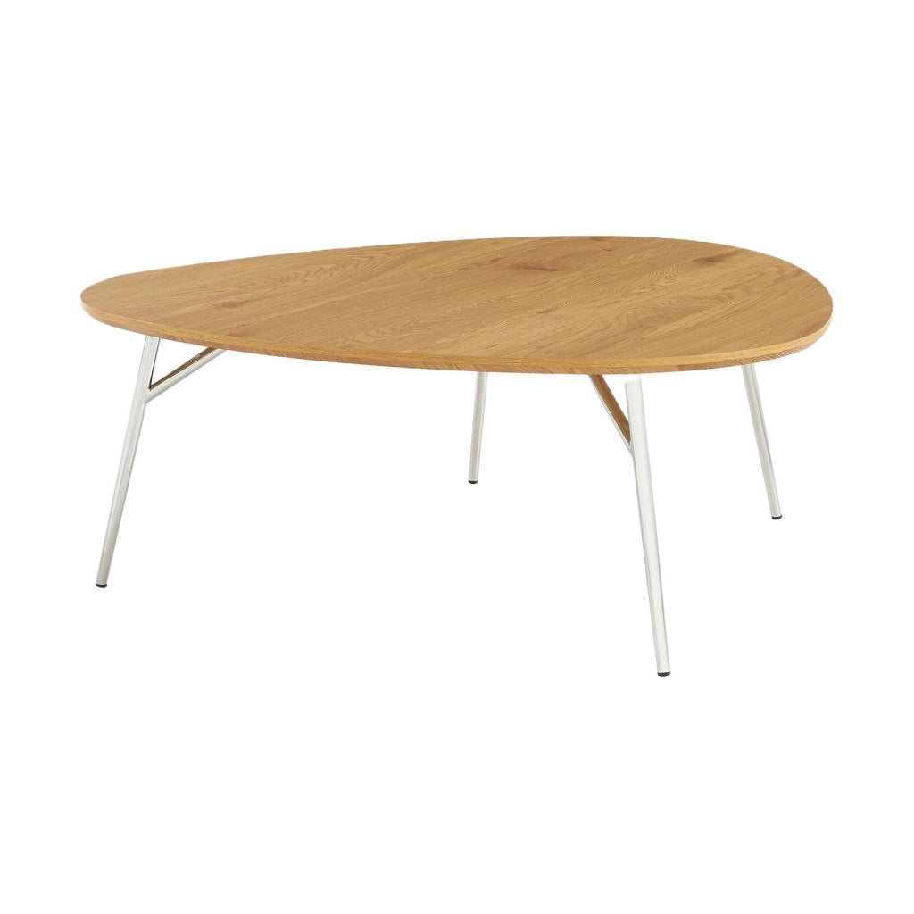 Tavolino ovale con gambe cromate e effetto legno, quercia