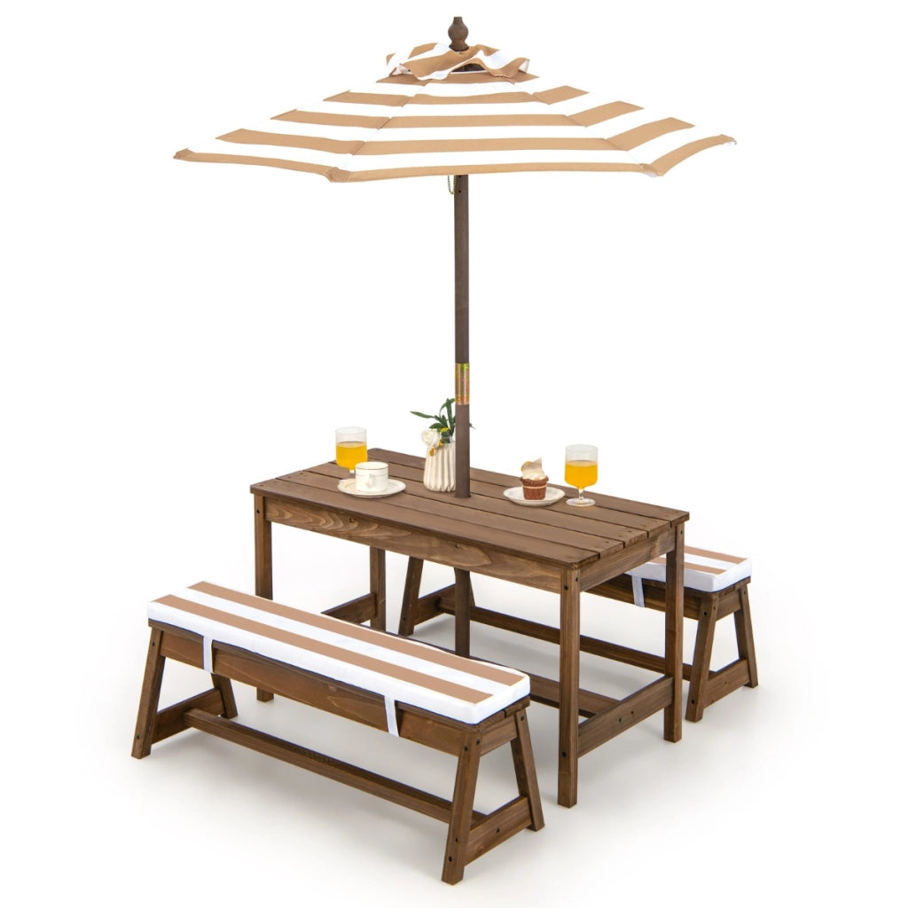 Tavolo da picnic per bambini con ombrello, Set di tavolo e panca in legno con cuscini  per attivit¨¤ Marrone-Tavoli e sedie