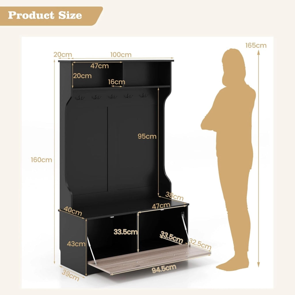 Appendiabiti con Panca da Scarpe, Armadio con Panca Portaoggetti e 5 Ganci e Scomparti, Mobile d'Ingresso Moderno per Corridoio, Camera da Letto, 100x40x160 cm (Nero)
