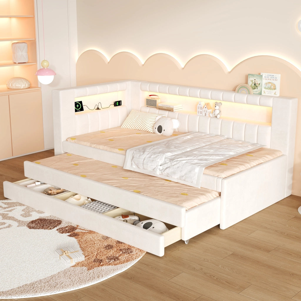 Letto imbottito con giroletto e cassetti ¨C Minimal ¨C Bianco 90x200 cm con LED