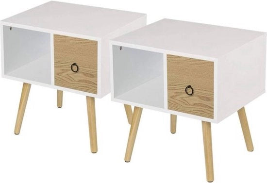 Set di 2 comodini - robusto e stile - bianco con legno chiaro - design lineare e senza tempo - pratico e moderno - 48x40x50 cm