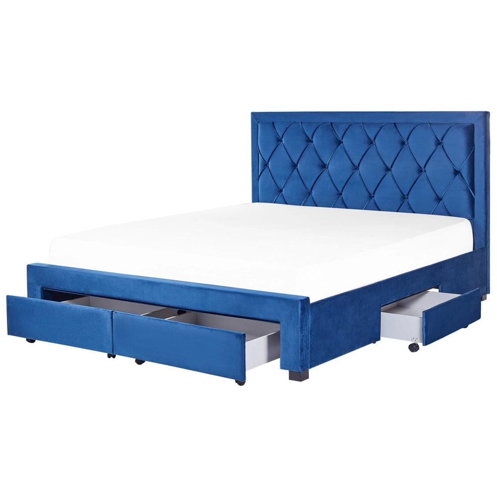 Letto contenitore tappezzeria in velluto blu 180 x 200 cm trapuntato testiera alta cassetti Glam Design
