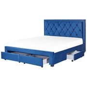 Letto contenitore tappezzeria in velluto blu 180 x 200 cm trapuntato testiera alta cassetti Glam Design
