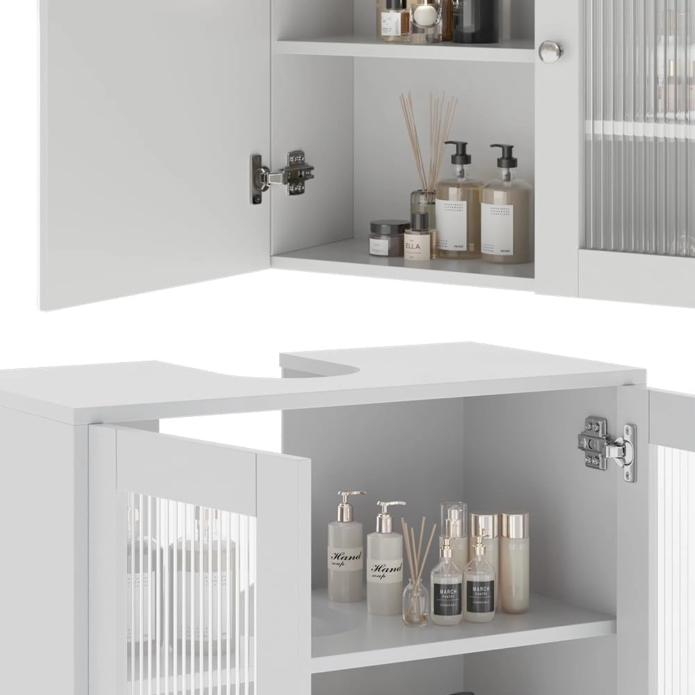 Set di mobili da bagno Malte, Bianco, 60 cm, composto da mobile sottolavabo, specchiera e mobile medio
