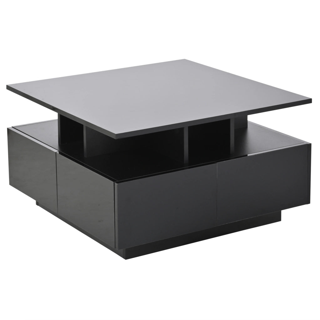 Tavolino da caffè 70x70x40 cm con 4 cassetti; luce LED; finitura lucida; truciolare; nero
