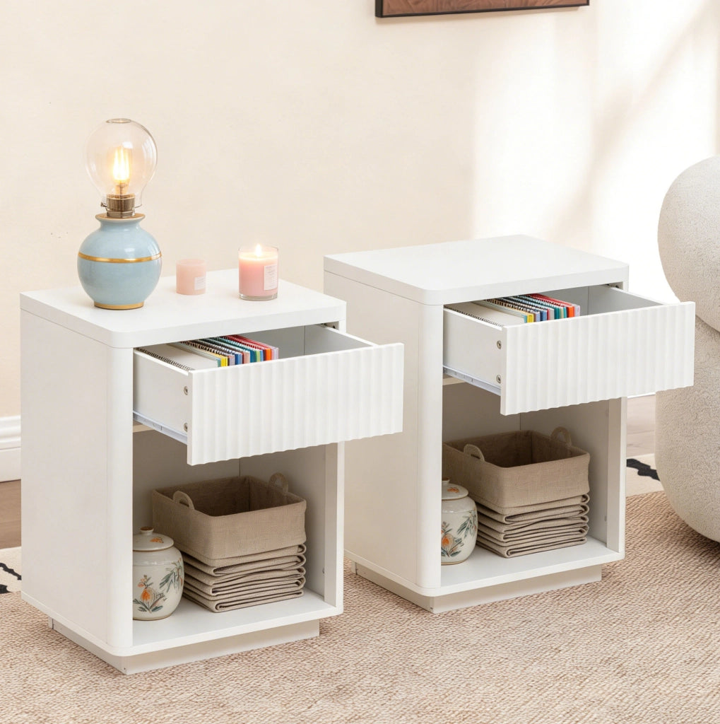 Comodino bianco in MDF con cassetto e vano a giorno