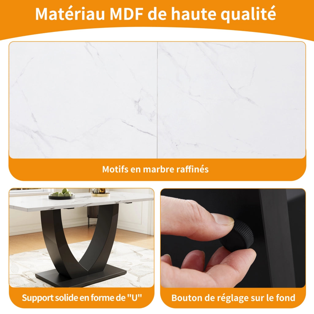 Tavolo da pranzo con piano effetto marmo, struttura in MDF e metallo, per cucina e soggiorno, bianco nero, 140 × 75 × 75,5 cm