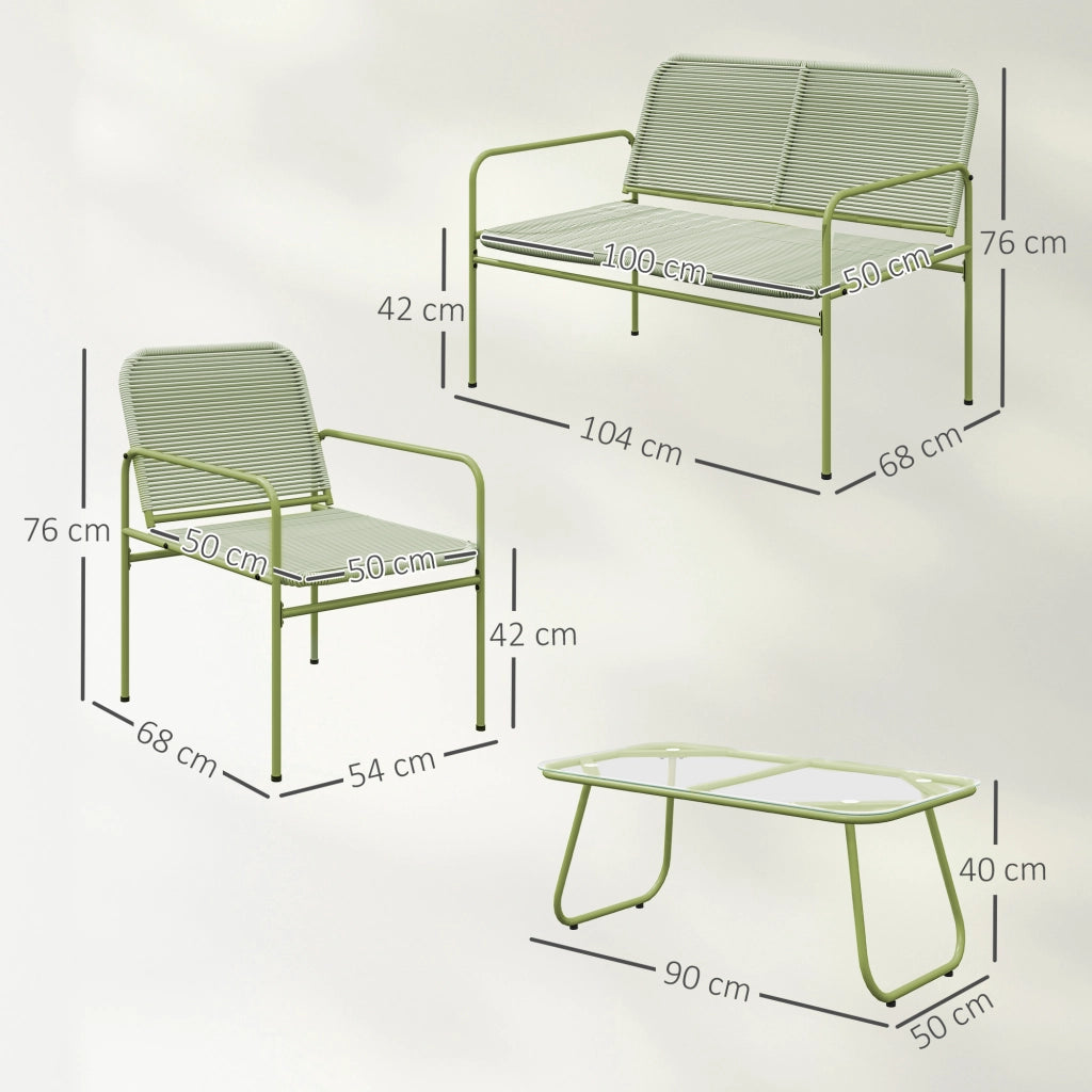 Set Salotto da Giardino con Divanetto Poltrone e Tavolino con Piano in Vetro in Rattan PE Verde