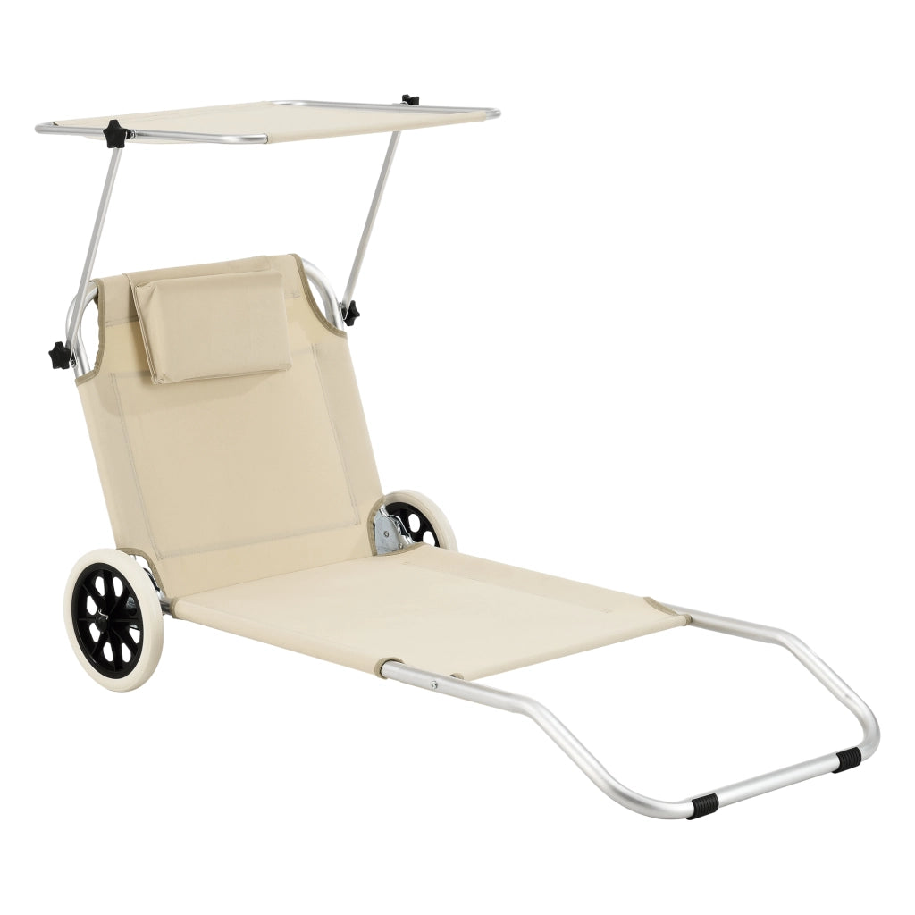 Lettino Prendisole Lazkano a 2 Ruote Sdraio Pieghevole con Tettuccio Parasole - Beige [en.casa]
