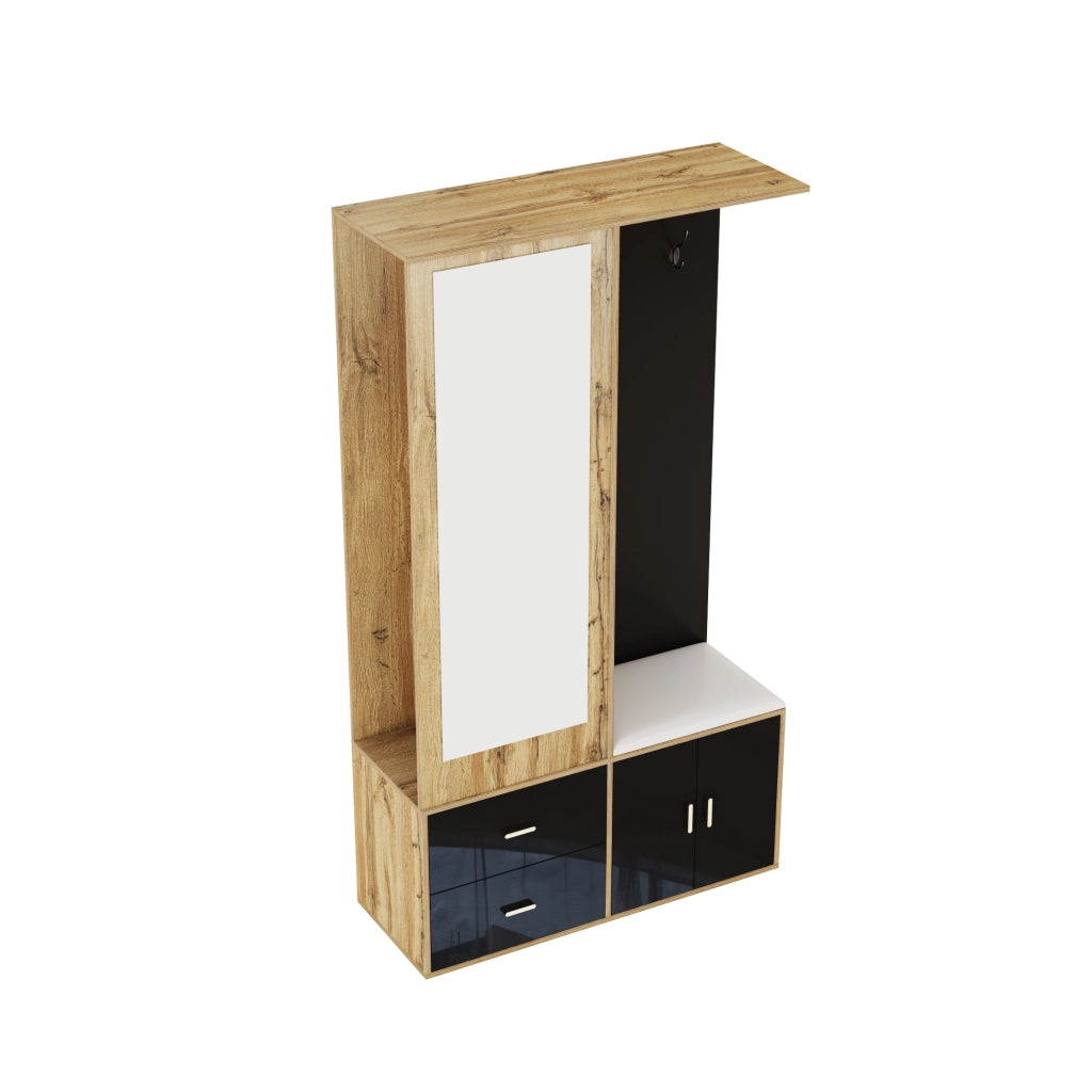Mobile Ingresso con Specchio; Panca Scarpiera; 2 Ganci; Appendiabiti Estraibile; Lucido; Nero e Naturale; 100??38??180 cm