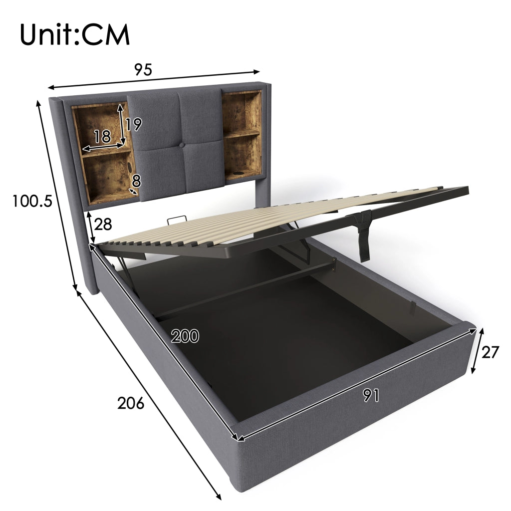 LETTO 90x200 cm Imbottito Grigio Cotone con Ricarica Wireless e USB