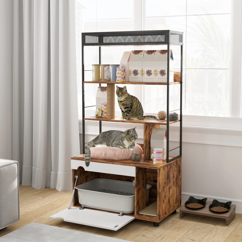 Mobile lettiera per gatti 2 in 1 con scaffale a 3 livelli, porta a ribalta, marrone