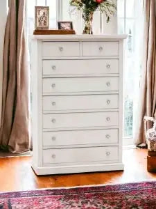 cassettiera 6+2 settimino Shabby chic in legno laccato bianco anticato con ferramenta argento anticato