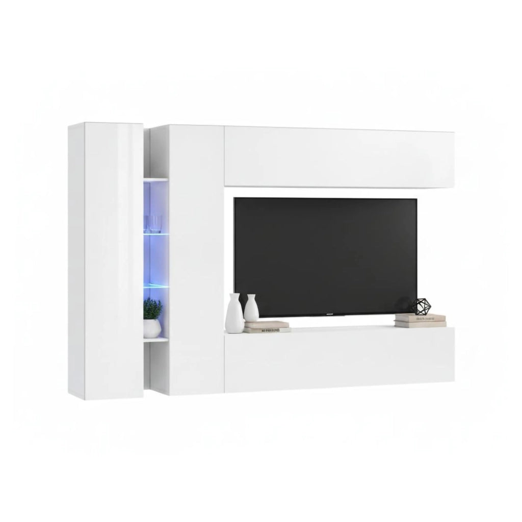 Mobile Soggiorno Enstatite, Parete Attrezzata 15 Ripiani Made in Italy, 280x30x180h cm Bianco Lucido