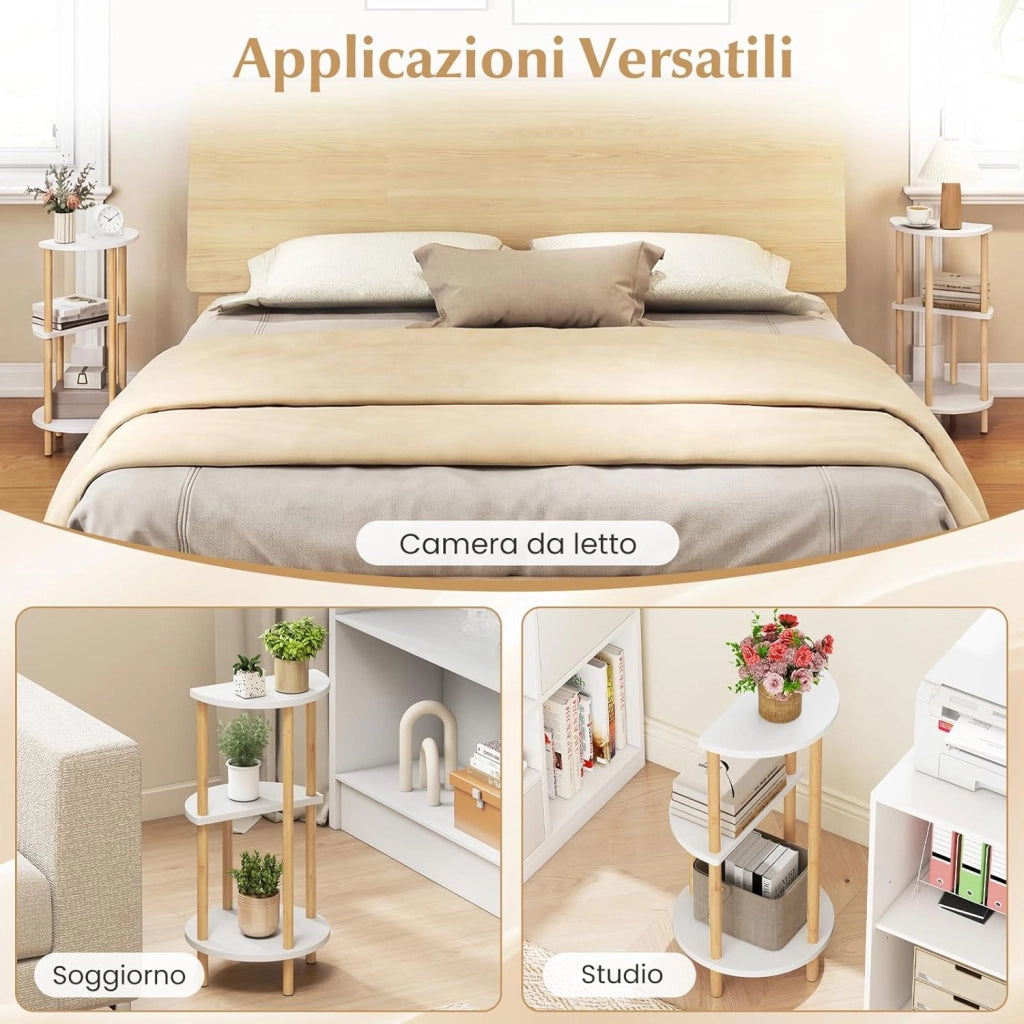 Set di 2 Tavolini da Salotto, Tavolino Laterali Circolari a 3 Ripiani con Struttura in Bamboo, Tavolino Basso da Divano e Letto per Soggiorno e Camera da Letto
