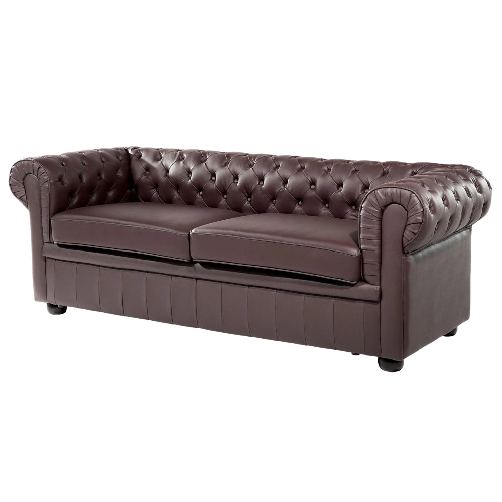Set soggiorno Chesterfield Rivestimento in pelle marrone Gambe in legno scuro Divano a 3 posti + poltrona contemporanea