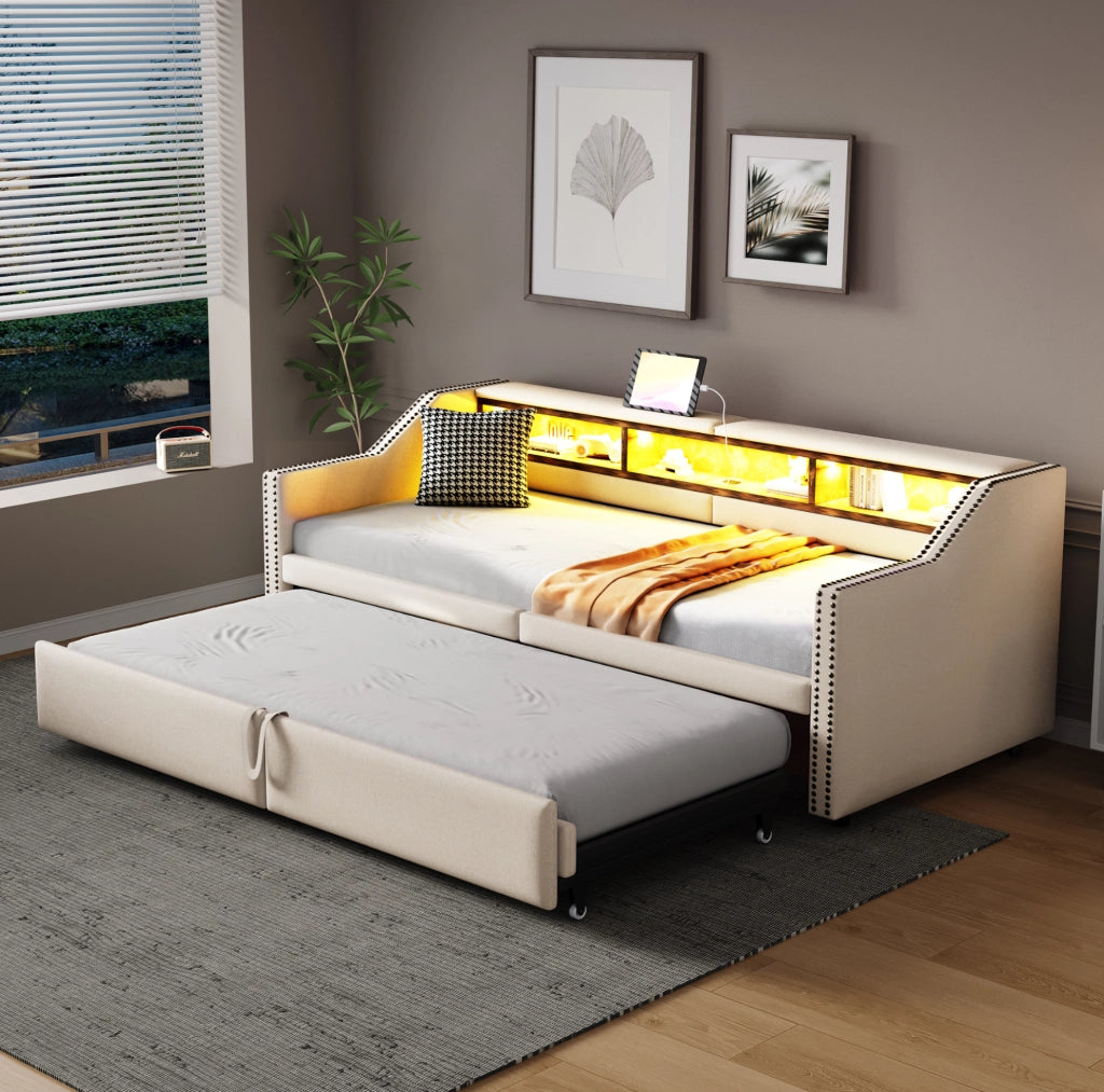 Divano letto estraibile ULEVR 90/180x200 cm con LED, USB e 3 vani laterali, beige