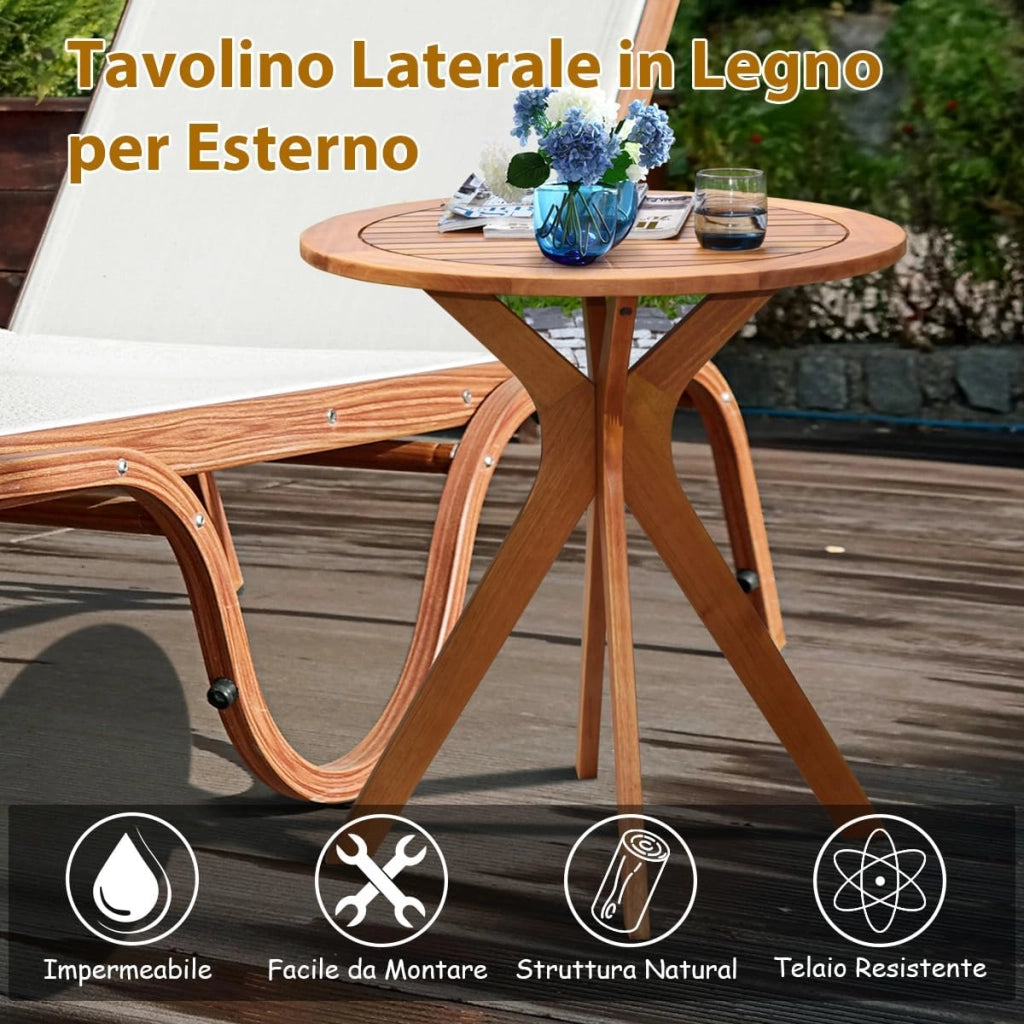 Tavolino Laterale da Giardino in Legno per Esterni, Tavolo Rotondo da 70 cm con Base a X, Tavolino da Caffè per Giardino, Cortile, Patio, Soggiorno, Portata 50 kg