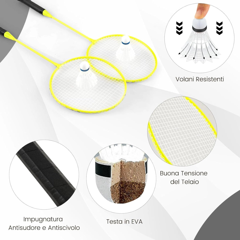 Set di Badminton con Rete, Racchette, 2 Volani e Scatola di Conservazione, Set di Badminton Portatile per 2 Giocatori da Esterno per Bambini, Ragazzi e Adulti