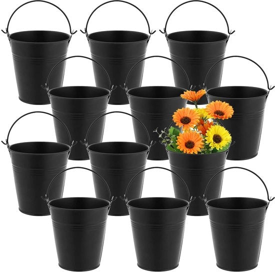 Emiciclo in Metallo 10 cm - 12 Pezzi - Galvanizzato - Cesto a Sospensione con Fiori - Leggero - Decorazione Rustica - Manico - Vaso per Piante
