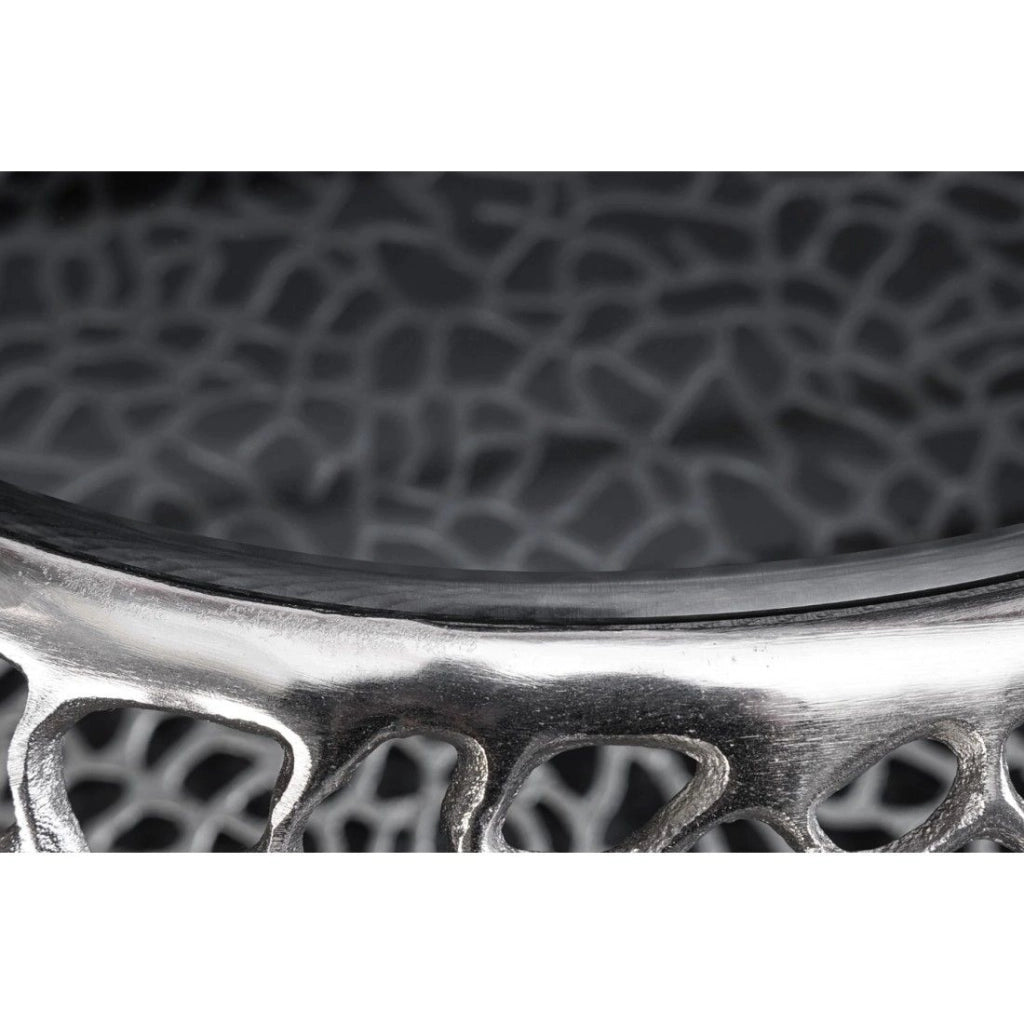 Tavolino basso METRIX rotondo 74 cm argentato con piano in vetro temperato nero – Tavolino design con nicchie