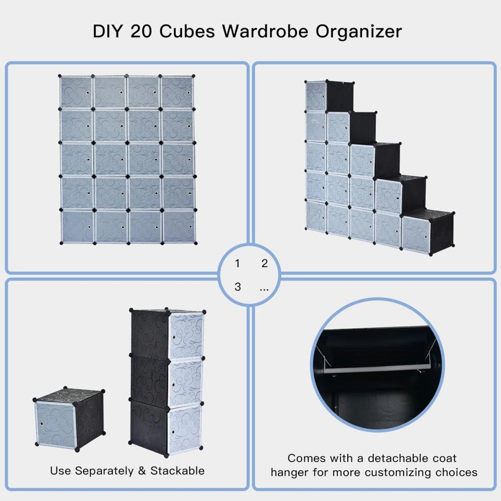 Armadio Modulare, Armadio Modulare Cubi, Armadio Pieghevole in Plastica, Portaoggetti Organizzatore, Armadietto Mobiletto con Ante, Può DIY, a 20 Cubi
