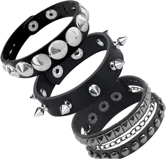 Set di bracciali in pelle con stampe punk - 3 pezzi, Bracciali in pelle regolabili