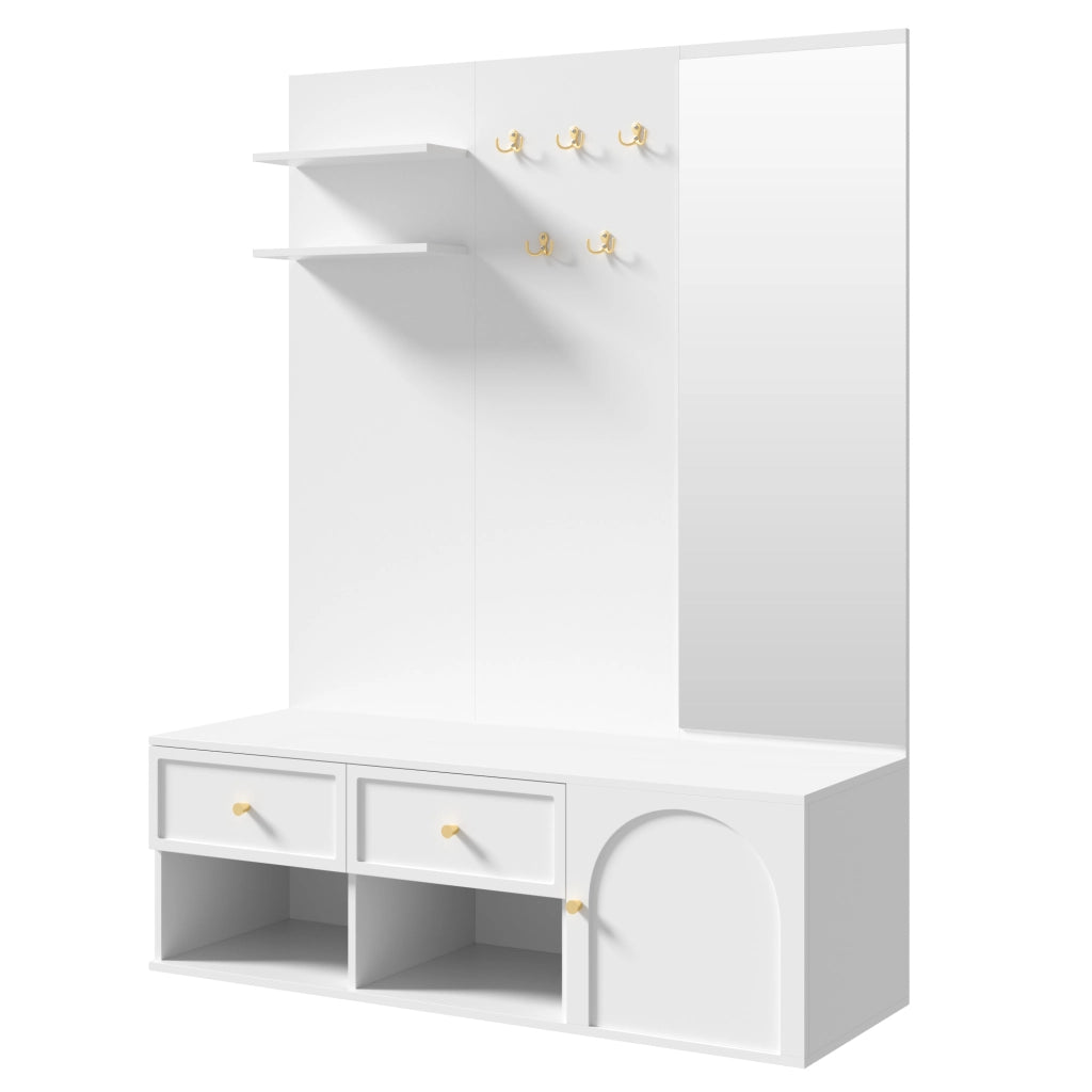 Set ingresso multifunzione con specchio, ripiani, cassetti e ganci, 120 x 35 x 159 cm, bianco