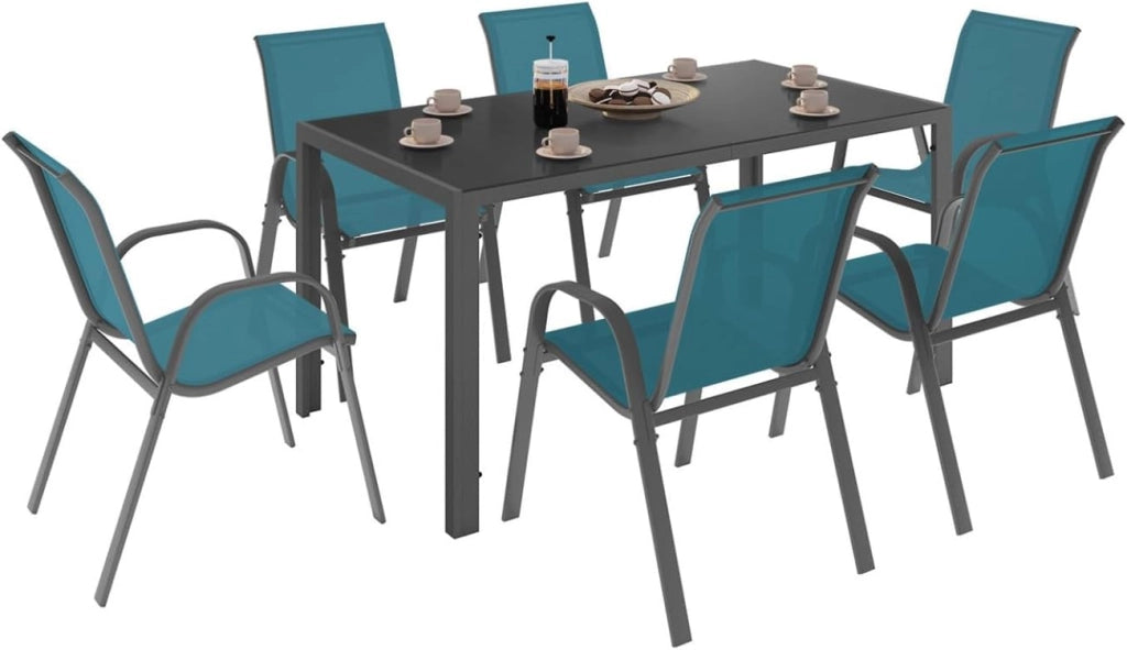 Set di mobili da Giardino Madrid Tavolo 150 CM e 6 sedie impilabili Blu Anatra