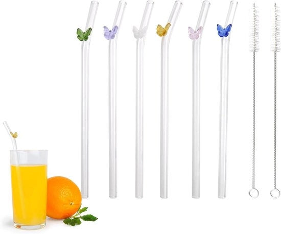 Set di stecchi in vetro riciclabile - trasparente con farfalle colorate - 6 pezzi inclusi spazzola per pulizia - adatto per smoothie, cocktail, succhi, caffè