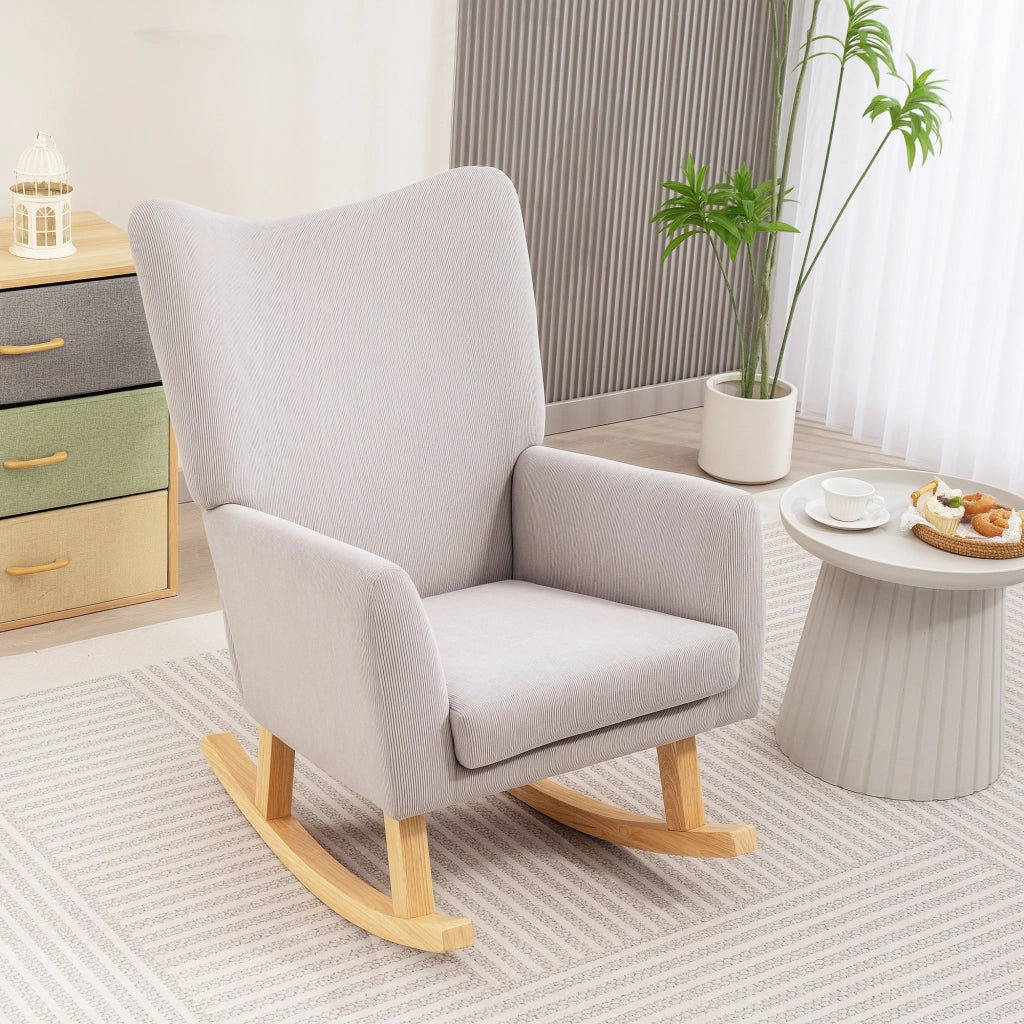 Poltrona Dondolo Design Retr¨° ¨C zephmum ¨C Tessuto Corda, Legno Gomma, Grigio Chiaro