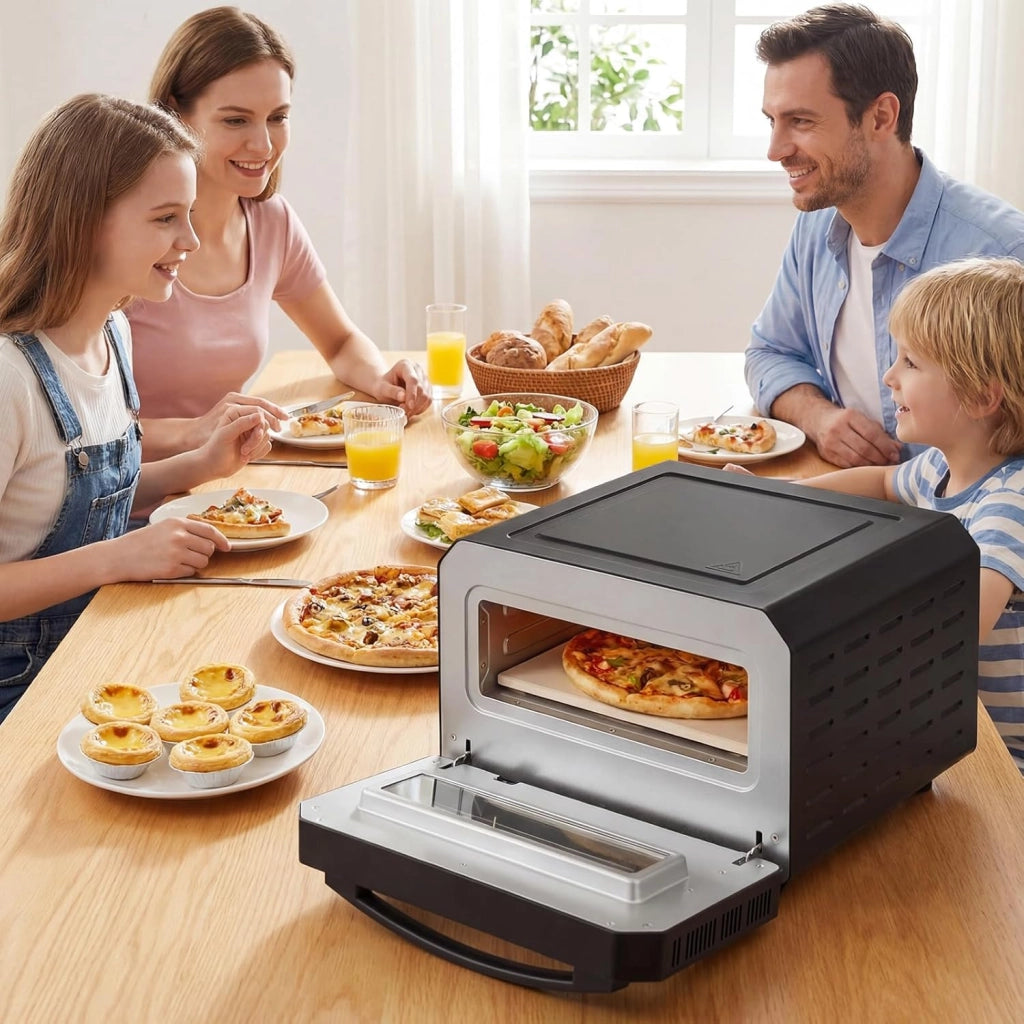 Forno Pizza Elettrico, 1700 W Macchina per Pizza Professionale con 6 Modalità Preimpostate Taglierina e Pietra Refrattaria, Raggiunge fino 400°C, 43x47x28 cm