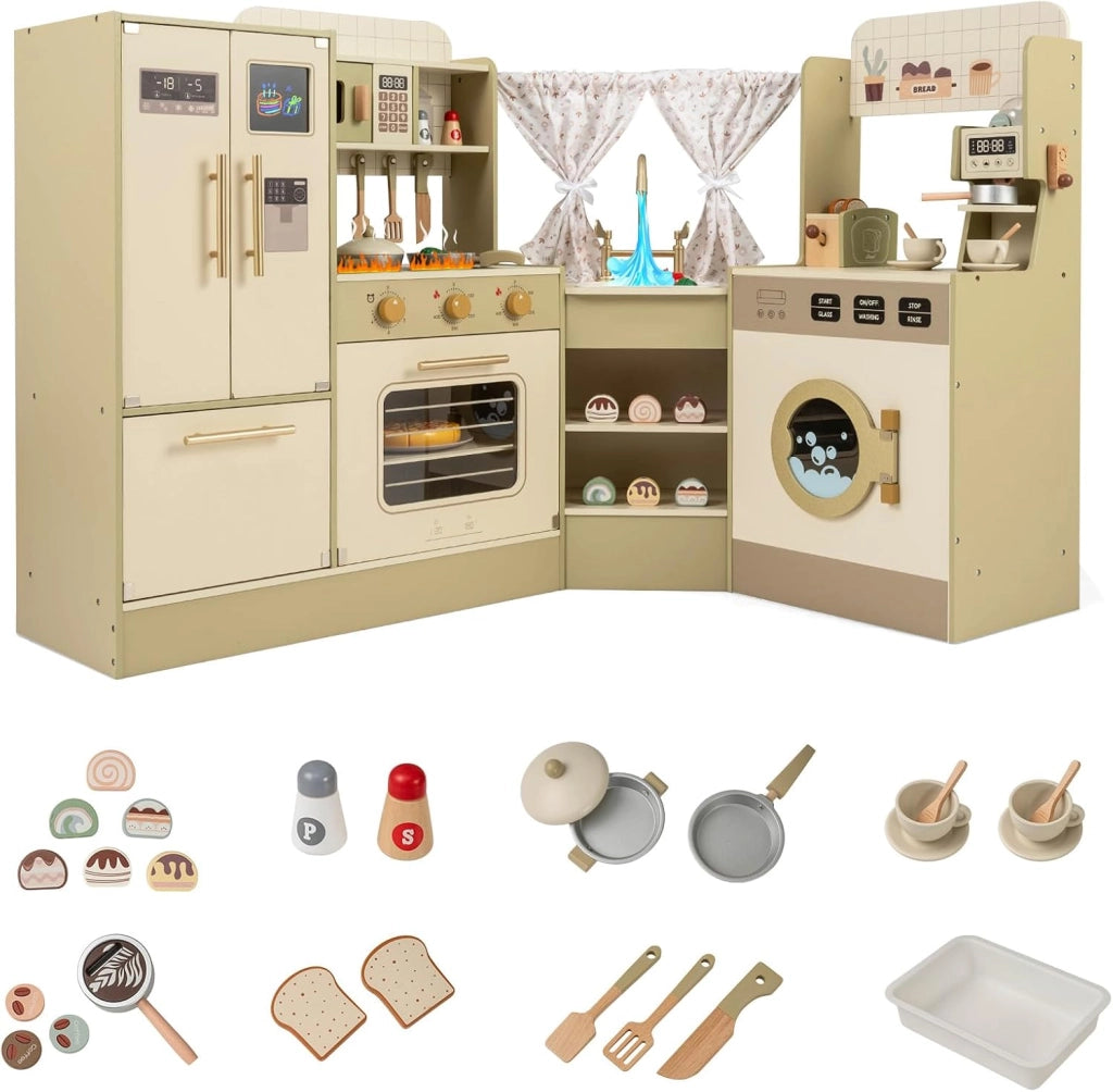 Cucina Giocattolo d'Angolo per Bambini, Cucina Gioco in Legno con Forno, Tostapane, Macchina del Caffè, Frigorifero e 21 Accessori, Gioco Educativo per Bambini 3+ Anni, 146,5 x 54 x 85,5 cm