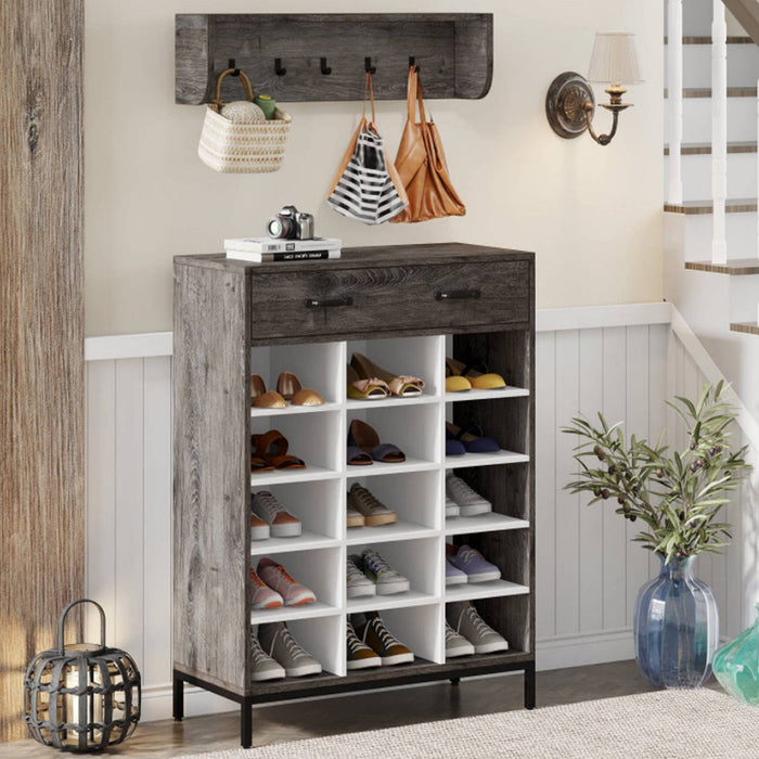 Mobile Ingresso con Scarpiera 15 Paia e Appendiabiti da Parete Grigio
