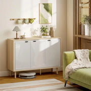 CREDENZA MODERNA A 3 ANTE CON RIPIANO REGOLABILE, 107X35X77 CM, BIANCO LUCIDO E ROVERE