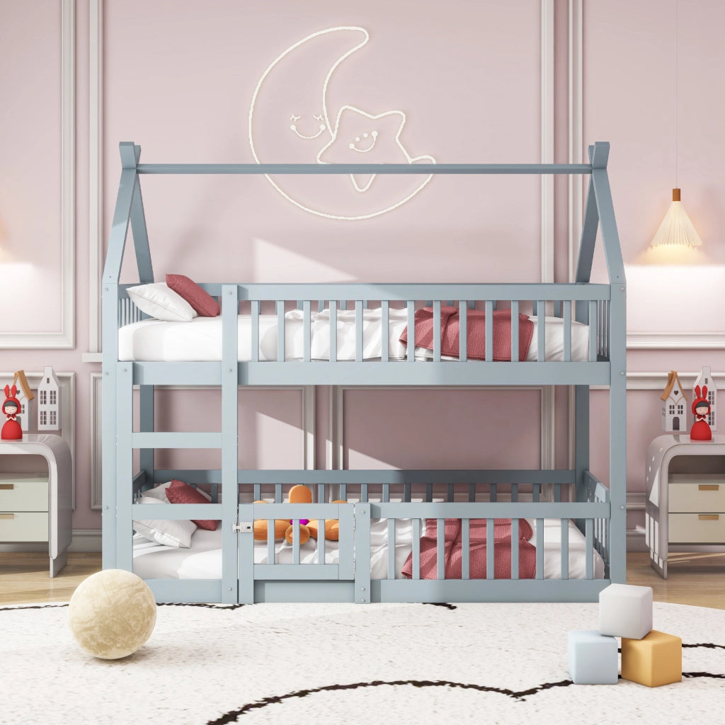 OKWISH Letto a Castello 90×200 cm, Letto Singolo con Scala, Sponde Alte e Porta Apribile, senza Materasso, in Legno, Grigio