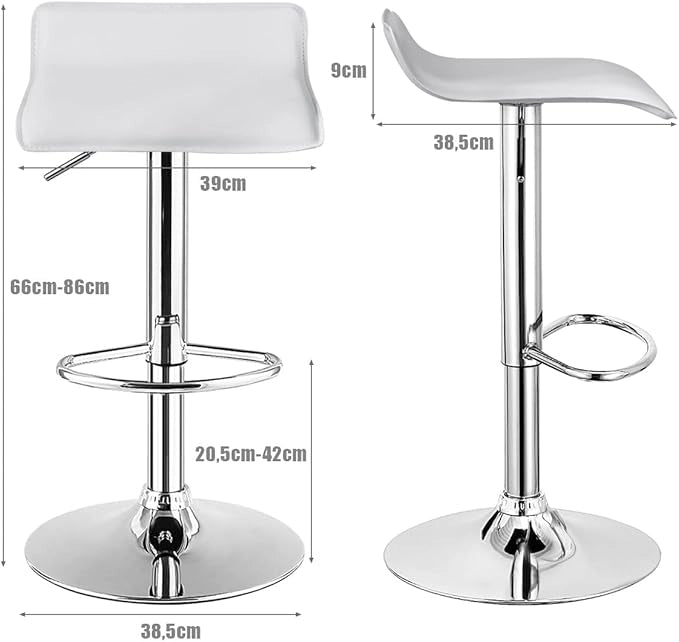 Set di 2 Sgabelli Girevoli da Bar, Sgabello Regolabile in Altezza per Bar, Rotazione a 360°, Sgabelli da Bar senza Braccioli, con Poggiapiedi, Portata 120 kg (Bianco)