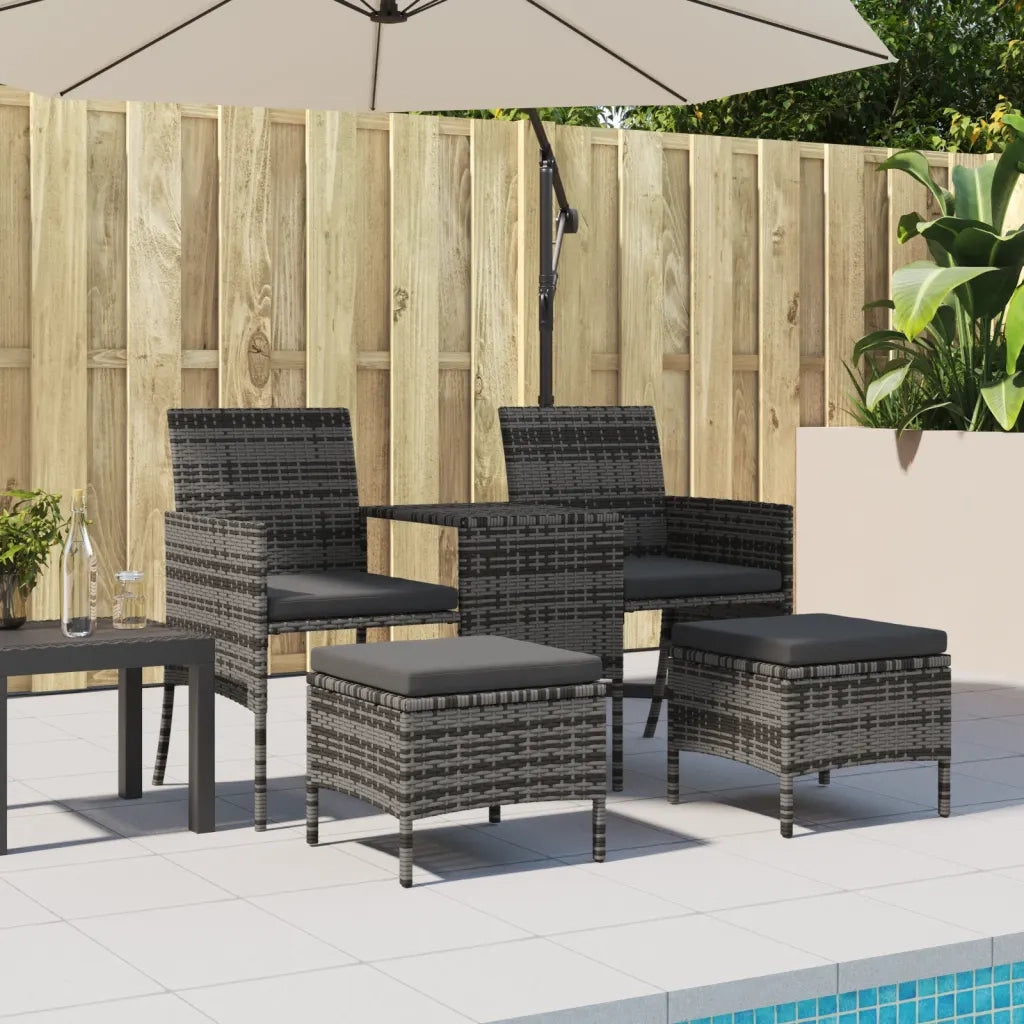 Divano Giardino 2 Posti con Tavolo e Sgabelli Grigio Polyrattan