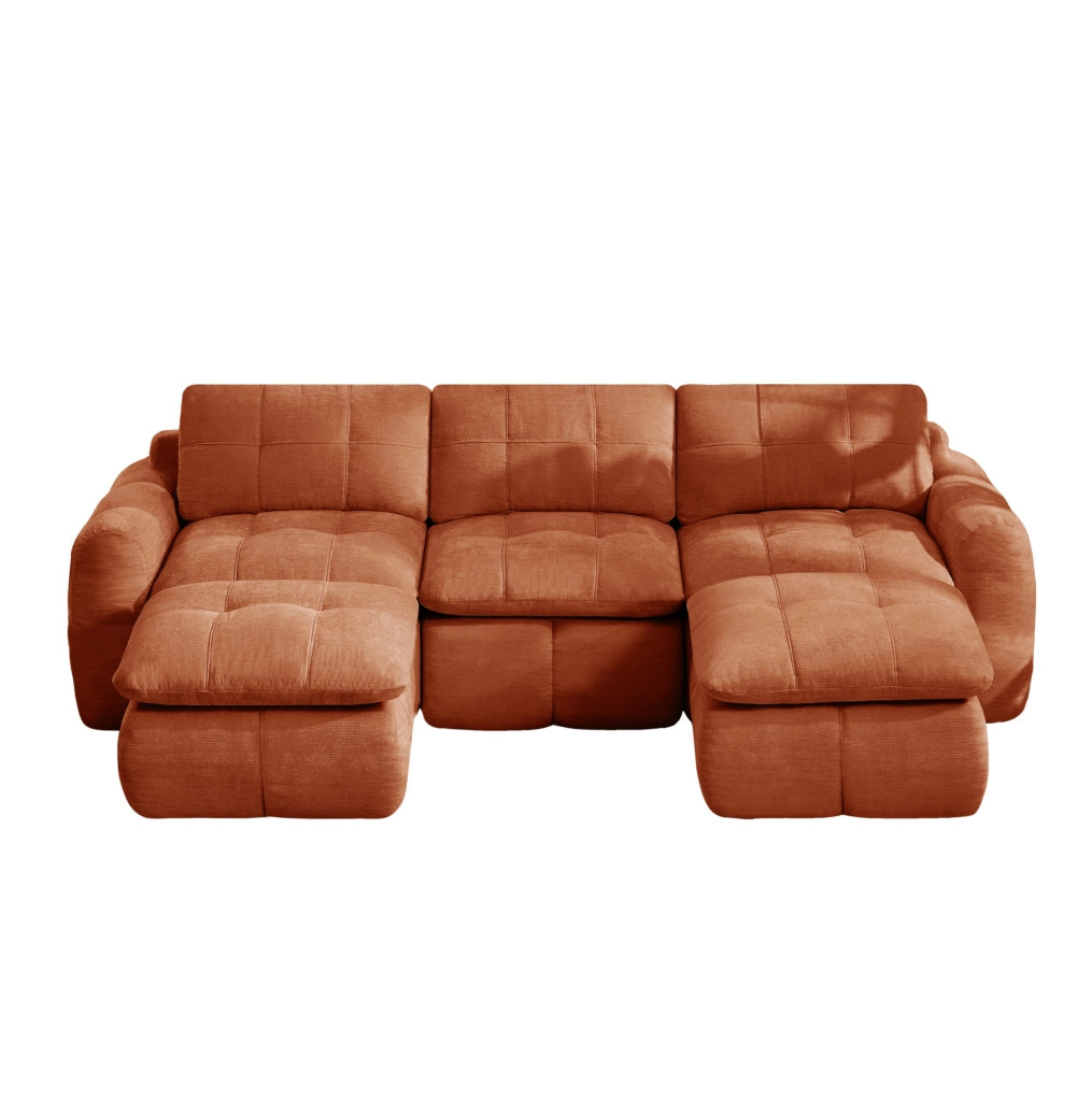 Divano modulare a U 3 posti con 2 pouf 264x160x68 cm in chenille arancione