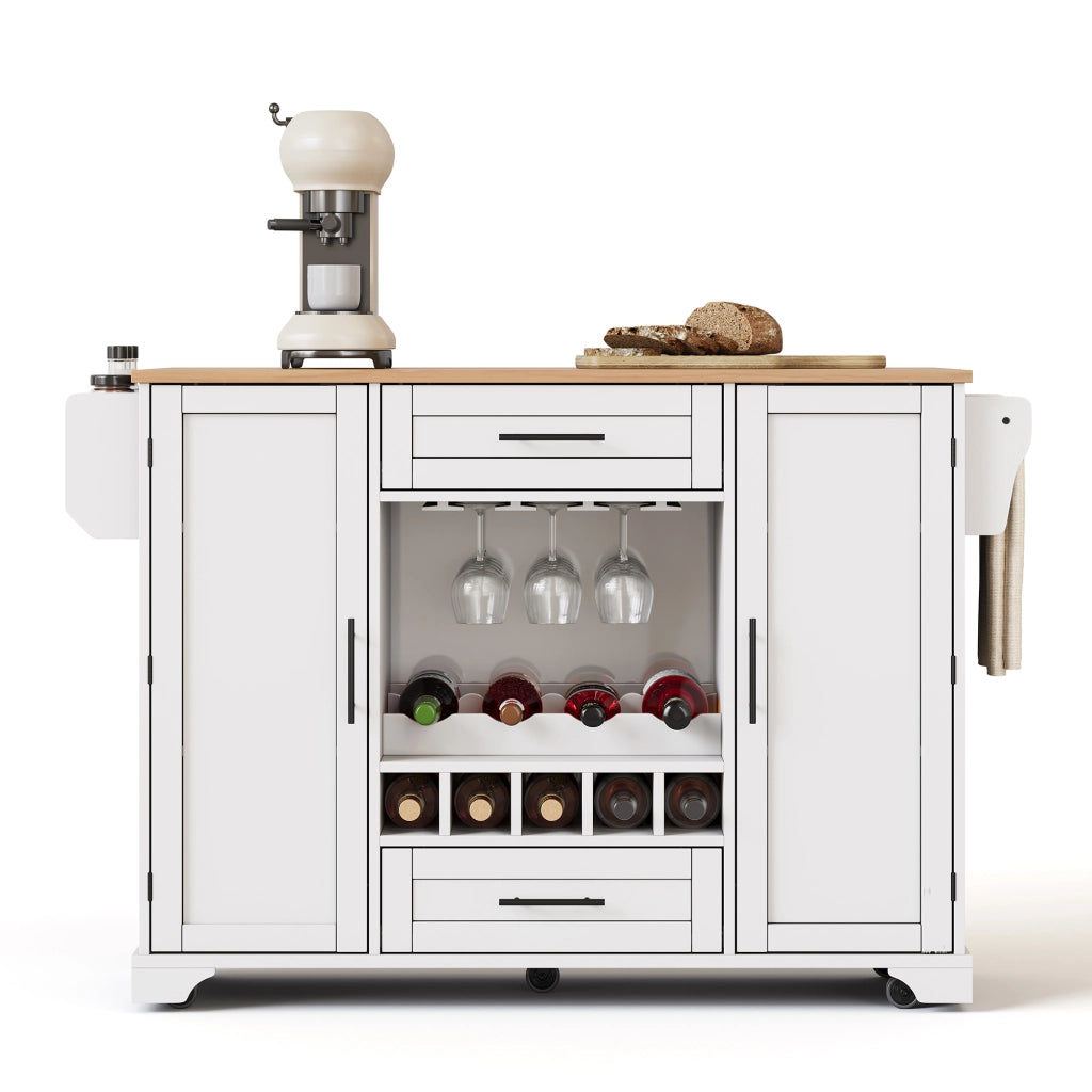 Isola da Cucina Mobile 138x45/70x92 cm Bianca e Legno con Portabottiglie, 2 Cassetti e 5 Ruote