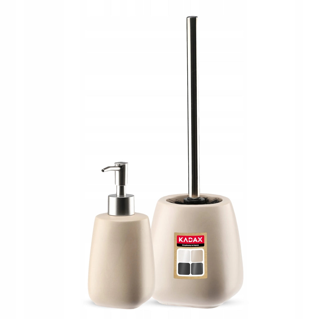 Set da bagno KADAX con dispenser di sapone per WC e spazzolino in ceramica beige.