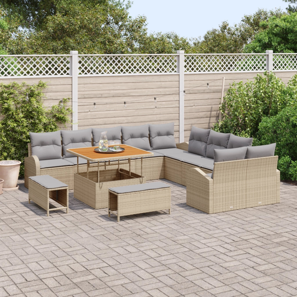 Set Divano da Giardino da 13 Pezzi con Cuscini Beige Polyrattan Acacia
