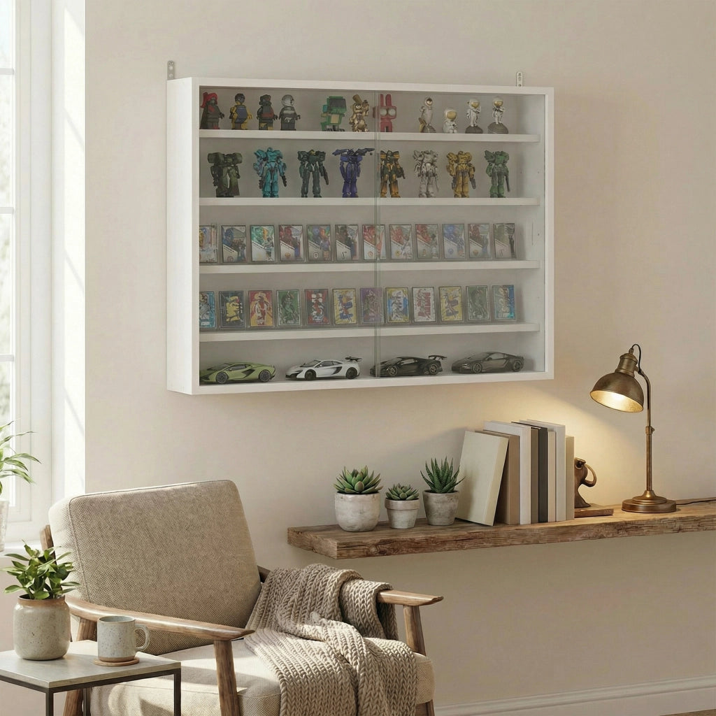 Vetrina da Parete in Legno ¨C Xylo ¨C Bianco con Ripiani e 2 Ante Scorrevoli in Vetro 80x9,5x60 cm