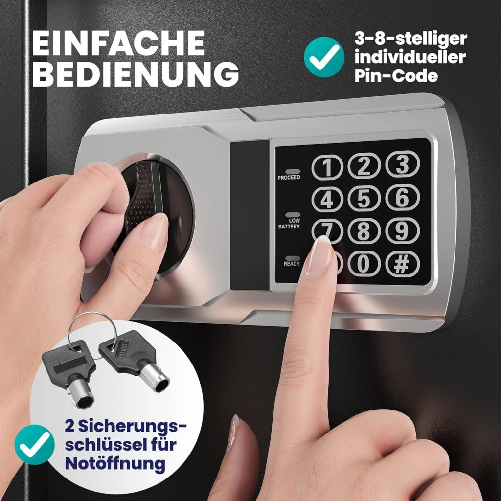 ® XXL Cassaforte Elettronica 35x40x40cm Doppi Bulloni Illuminazione Interna Cassetta Sicurezza Documenti Nero