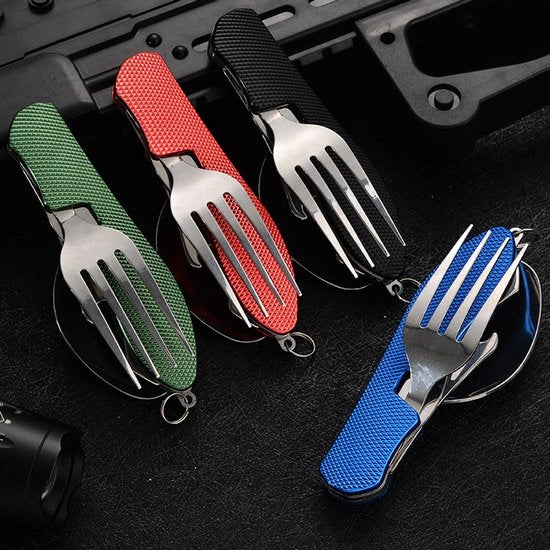 Set di cucina da campeggio 6 in 1 pieghevole (4 pezzi), set di cucina da viaggio, forchetta, coltello, cucchiaio, set di apertura bottiglia (nero + verde + blu + rosso)