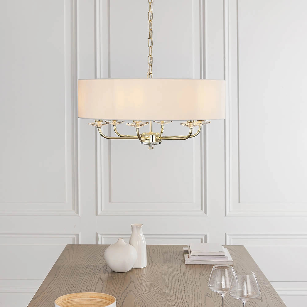 Lampadario 6 luci ottone paralume bianco E14 Nixon Endon